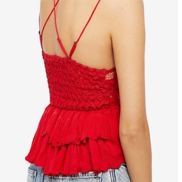 Free People | NWT Cherry Red Adella Lace Embroidered Ruffle Smocked Cami Top S - Picture 3 of 3